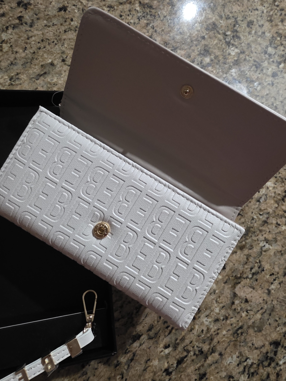 BEBE White Embossed Wallet Clutch with Gold Snap Closure